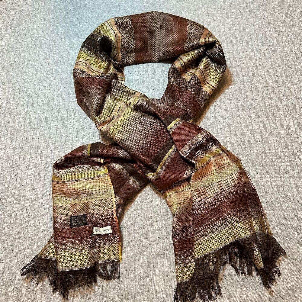 Perry Ellis Acrylic Scarf Brown Fringe Soft  One Size